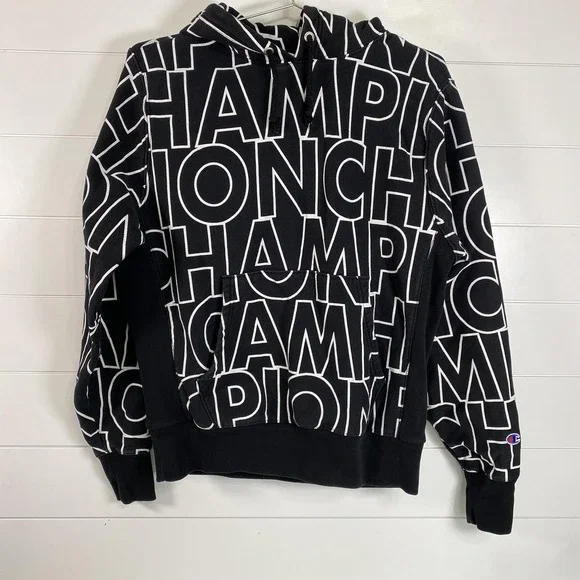Champion Reverse Weave Hoodie Mens Medium Black All Over Pullover Sweatshirt - Picture 1 of 12